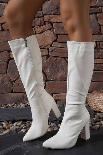 Bottes blanches à talons larges à bout pointu et à talons épais